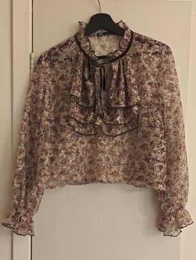 Zara Cream Blouse with Pink Floral Ruffles and Tie Neck